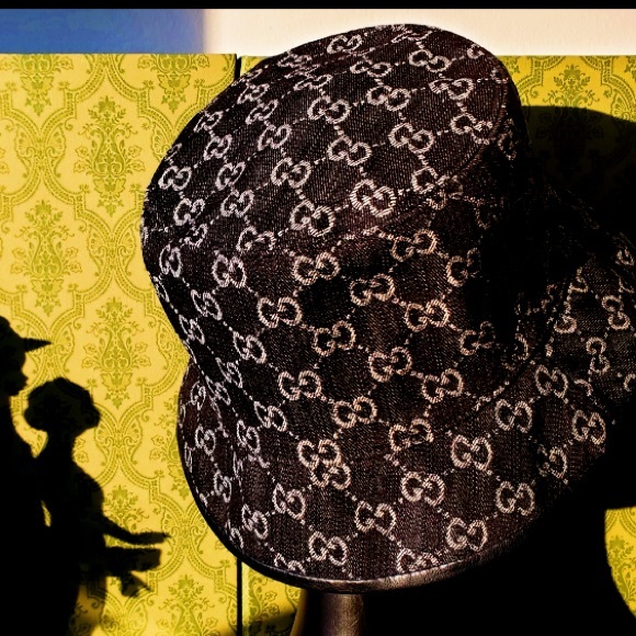 Gucci GG Supreme Monogram Denim Canvas Bucket Hat Black w Calf Leather Trim - Picture 8 of 12